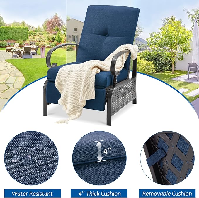 AECOJOY Outdoor Recliner Chairs Set of 2, Patio Outdoor Lounge Chairs Set of 2 with Adjustable Back, Pool Lounge Chairs with Navy Blue Olefin Cushions (Removable)