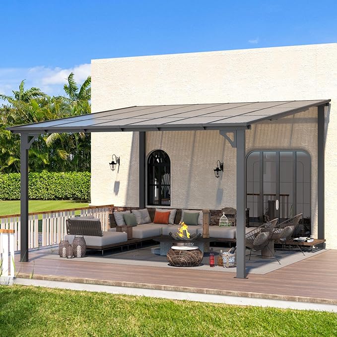 AECOJOY 12' x 12' Gazebo for Patio, Wall-Mounted Lean to Gazebo Pergola with Roof (144 Sq.Ft Shaded) on Clearance, Large Hard Top Heavy Duty Awnings for Decks, Backyard and More