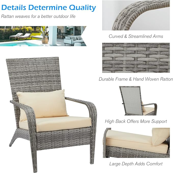 AECOJOY 2 Pieces Patio Adirondack Wicker Chair,PE Rattan Wicker Patio Dining Chair Set of 2, Grey Wicker Beige Cushion and Pillow for Garden, Backyard, Porch