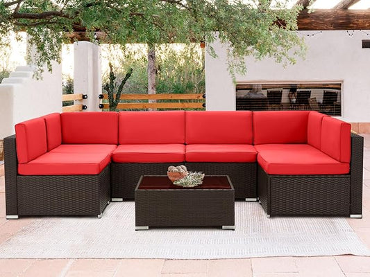 AECOJOY 7 Piece Outdoor Patio Furniture Set, Outdoor Sectional Conversation Furniture Chair with Coffee Table,Patio Sectional for Garden,Backyard(Red Cushions and Brown PE Rattan)