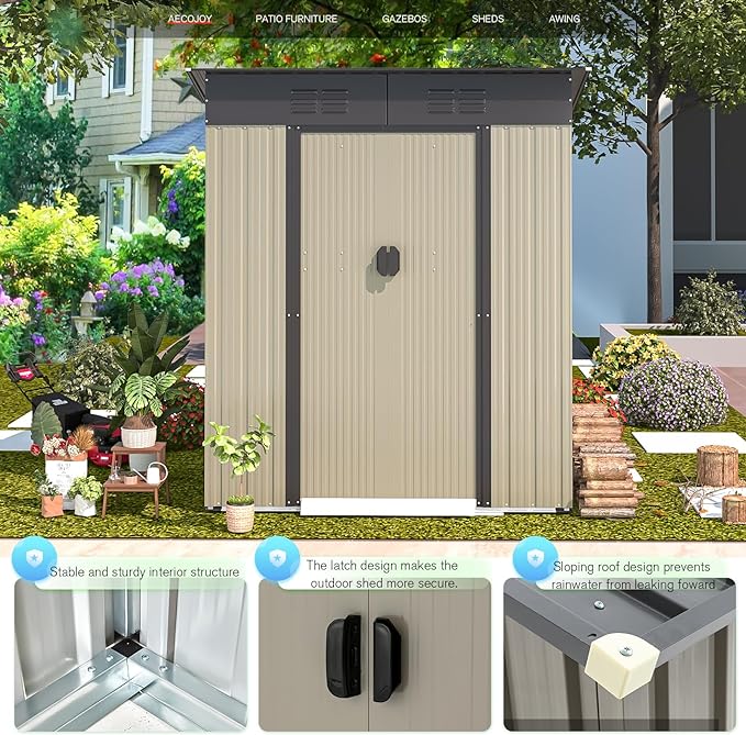 AECOJOY 5 x 3 Ft Shed, Small Outdoor Storage Tool Shed (Sliding Door), Metal Garden Shed for Yard, Outdoor Storage Clearance in Grey