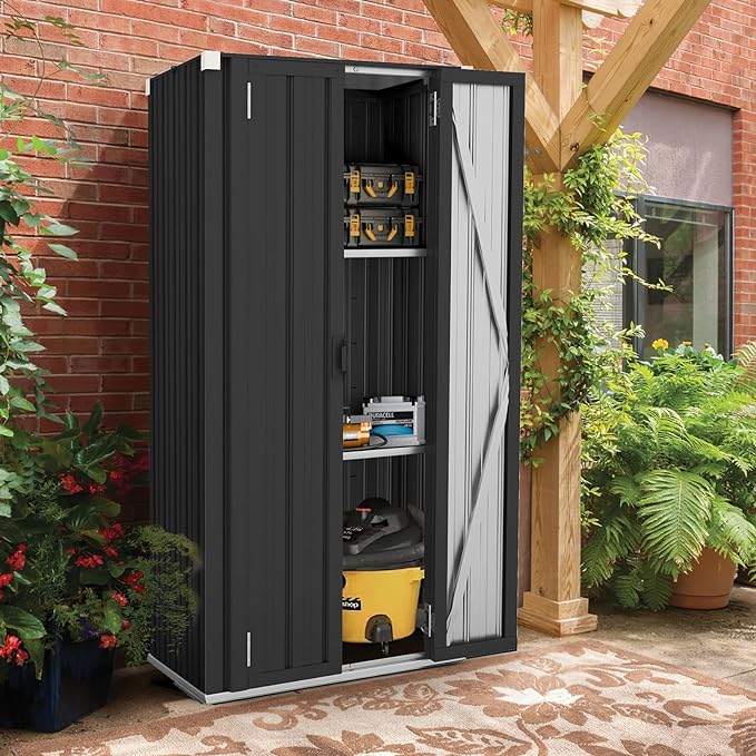 AECOJOY Outdoor Storage Cabinet Waterproof with Adjustable Shelves, Lockable Metal Outdoor Garden Storage Shed Organizer, Versatile for Garage, Backyard, or Indoor Use in Dark Grey