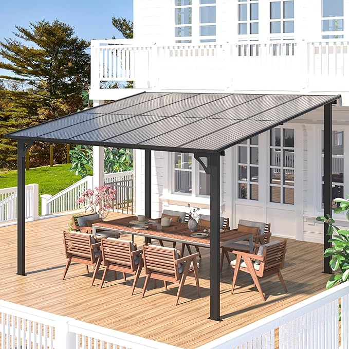 AECOJOY Wall Gazebo12’ x 10’, Hard Top Gazebos Pergola on Clearance, Outdoor Patio Lean to Gazebo Canopy Awnings for Deck, Porch, Backyard and More