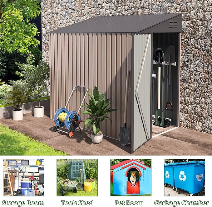 AECOJOY Outdoor Storage Shed Lean to, 4.2' x 7' Small Metal Wall Side Door Sheds & Outdoor Storage, Outdoor Storage Cabinet for Garden, Backyard and Outdoor Use in Taupe