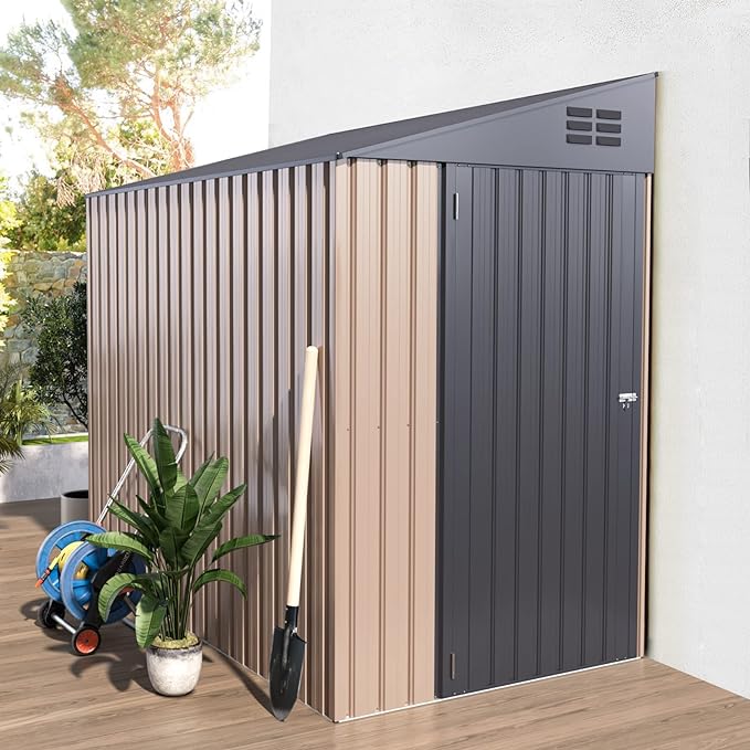 AECOJOY Outdoor Storage Shed Lean to, 4.2' x 7' Small Metal Wall Side Door Sheds & Outdoor Storage, Outdoor Storage Cabinet for Garden, Backyard and Outdoor Use in Taupe