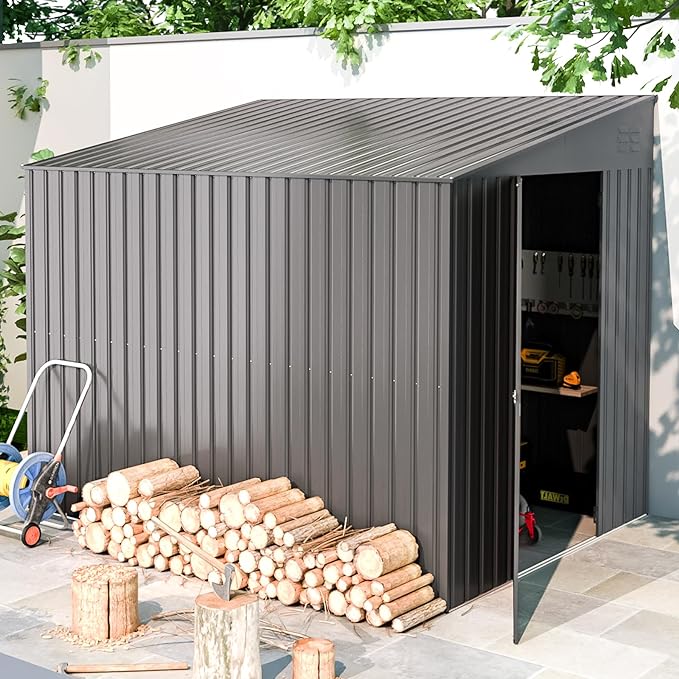 AECOJOY Storage Shed Lean to, Outdoor 6' x 8' Metal Wall Side Bike Shed & Outdoor Storage, Garden Storage Cabinet for Backayrd, Patio and Outdoor Use in Dark Grey