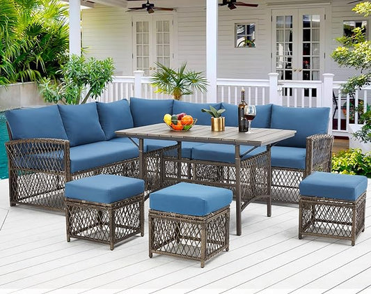 AECOJOY Patio Furniture Set, Outdoor Patio Furniture with Dining Table&Chair, 7 Pieces All Weather Wicker Conversation Set with Ottoman,Navy