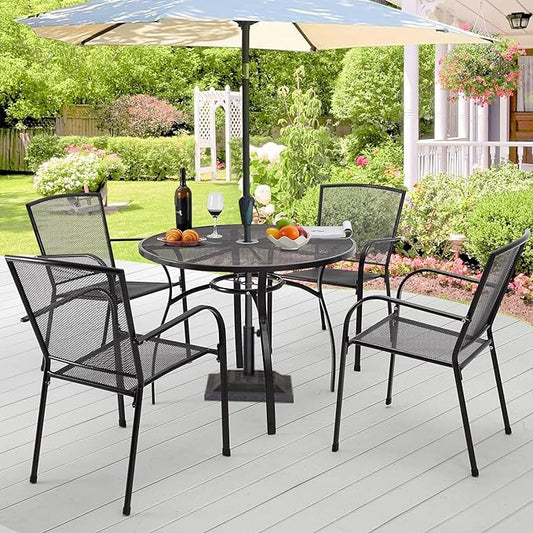 AECOJOY Metal Patio Table and Chairs Set for 4, Outdoor Dining Sets Patio Dining Table Furniture Set Round Outside Table and Chairs for Garden Backyard with 1.73" Umbrella Hole