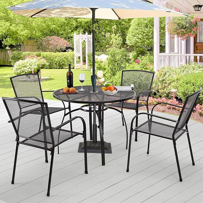 AECOJOY Metal Outdoor Chairs Set of 4, Stackable Patio Dining Chairs Indoor and Outdoor Iron Chairs with Armrests & Metal Mesh for Outside Kitchen Bistro Backyard, Garden,Lawn