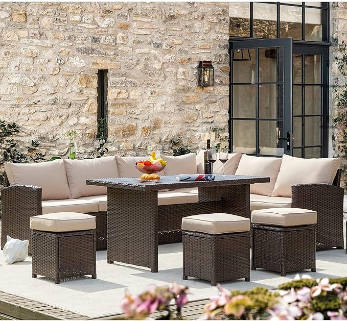 AECOJOY Patio Furniture Set, 7 Pieces Outdoor Patio Furniture with Dining Table&Chair, All Weather Wicker Conversation Set with Ottoman,Khaki