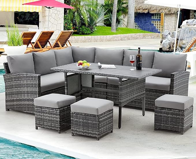 AECOJOY Patio Furniture Set, 7 Pieces Outdoor Patio Furniture with Dining Table&Chair, All Weather Wicker Conversation Set with Ottoman, Slategray