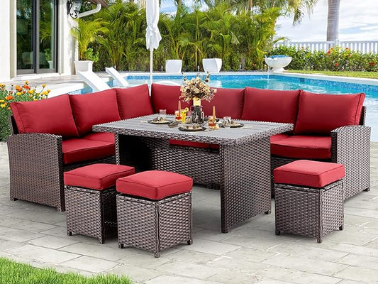 AECOJOY Patio Furniture Set, 7 Pieces Outdoor Patio Furniture with Dining Table&Chair, All Weather Wicker Conversation Set with Ottoman,Red Cushions&Brown Rattan