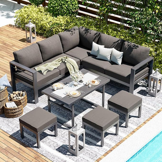 AECOJOY Aluminum Patio Furniture Set, Modern Metal Outdoor Patio Furniture Clearance, Outdoor Conversation Table and Chair Sets for Lawn, Backyard, and Deck with Dark Grey Cushions