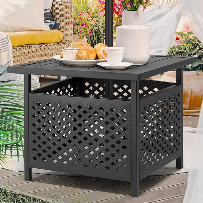 AECOJOY Outdoor Side Table for Patio, Patio Side Table with Umbrella Hole, Metal Umbrella Table with 1.58" Hole, Outdoor Coffee Table with Umbrella Hole