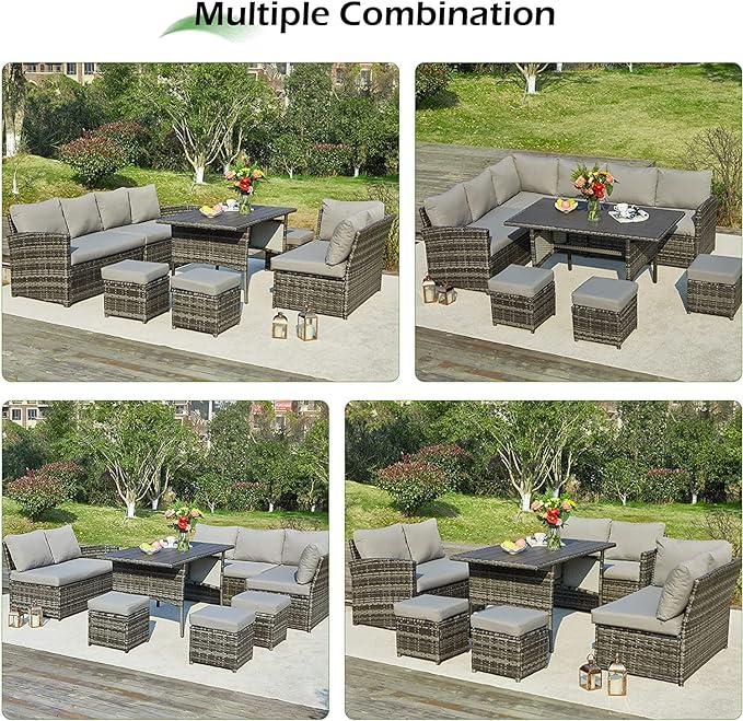 AECOJOY Patio Furniture Set, 7 Pieces Outdoor Patio Furniture with Dining Table&Chair, All Weather Wicker Conversation Set with Ottoman, Slategray