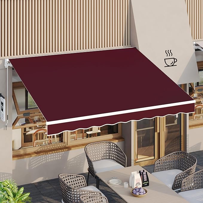 AECOJOY 10'×8' Manual Retractable Awning Sun Shade Patio Awning Cover Outdoor Patio Canopy Sunsetter Deck Awnings with Manual Crank Handle, Wine Red