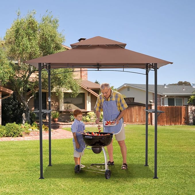 AECOJOY 8' x 5' Grill Gazebo, Grill Canopy for Outdoor Grill, 2- Tier BBQ Gazebo Shelter for Patio, Backyard and More (Brown)