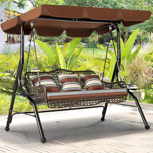 AECOJOY 3-Seat Proch Swing Chair, Patio Swing with Canopy, 2 Side Trays, 3 Pillows & Removable Cushion, Patio Wicker Swing with Stand Outdoor Swings for Adults, Balcony, Garden, Deck(Brown Rattan)