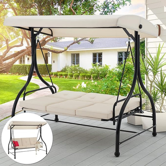 AECOJOY 3-Seat Outdoor Patio Swing, Converting Porch Patio Swing with Canopy Hammock w/Adjustable Backrest and Canopy, Removable Cushions Outdoor Swing with Stand, Beige