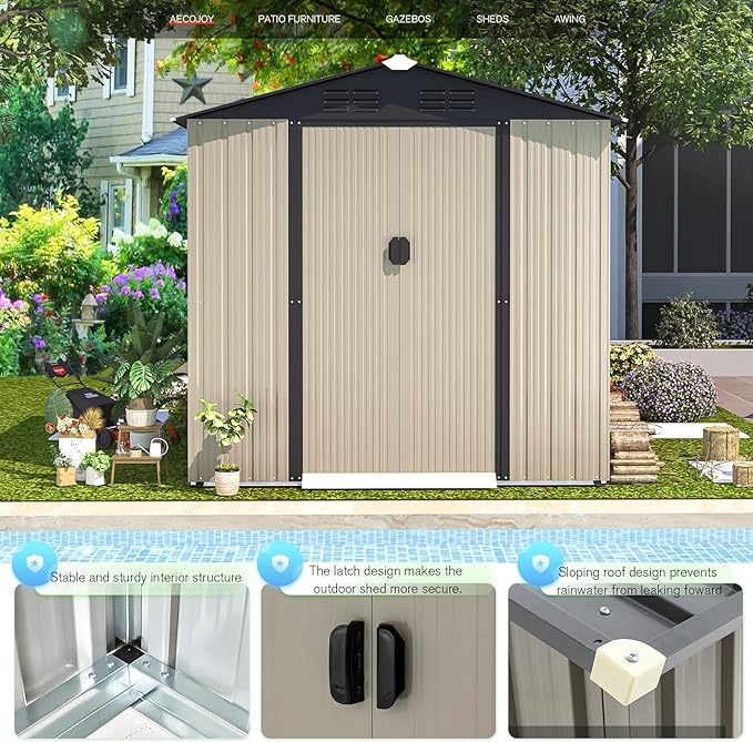 AECOJOY 6 x 4 Ft Shed, Small Outdoor Storage Tool Shed (Sliding Door), Metal Garden Shed for Yard, Outdoor Storage Clearance in Grey