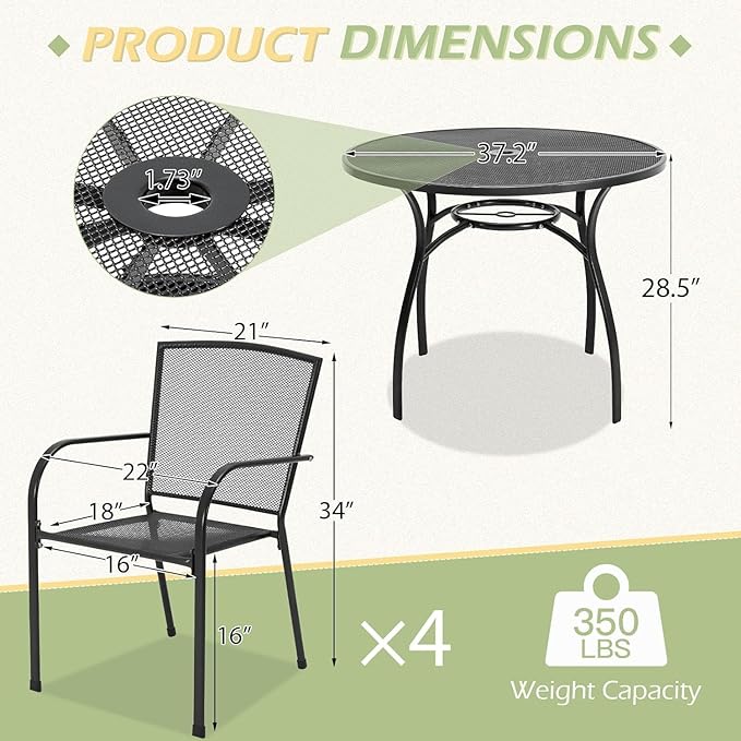 AECOJOY Metal Patio Table and Chairs Set for 4, Outdoor Dining Sets Patio Dining Table Furniture Set Round Outside Table and Chairs for Garden Backyard with 1.73" Umbrella Hole