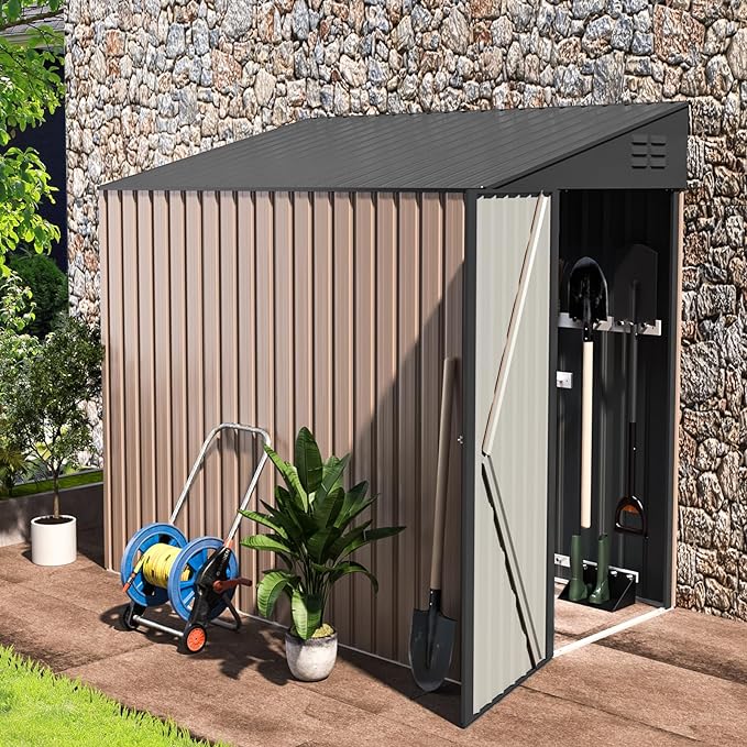 AECOJOY Outdoor Storage Shed Lean to, 4.2' x 7' Small Metal Wall Side Door Sheds & Outdoor Storage, Outdoor Storage Cabinet for Garden, Backyard and Outdoor Use in Taupe