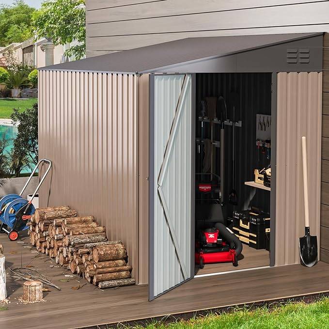 AECOJOY Storage Shed Lean to, Outdoor 6' x 8' Metal Wall Side Bike Shed & Outdoor Storage, Garden Storage Cabinet for Backayrd, Patio and Outdoor Use in Taupe