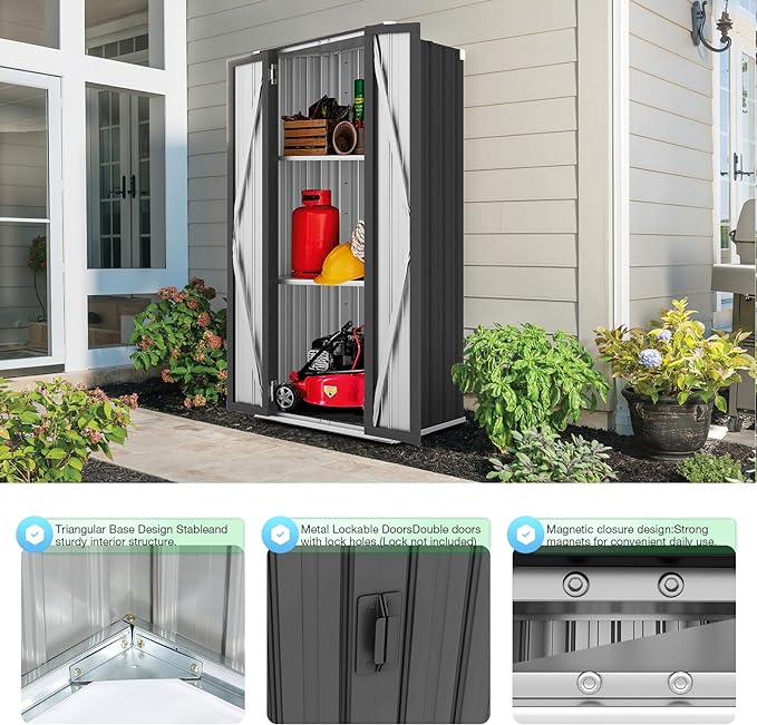 AECOJOY Outdoor Storage Cabinet Waterproof with Adjustable Shelves, Lockable Metal Outdoor Garden Storage Shed Organizer, Versatile for Garage, Backyard, or Indoor Use in Dark Grey