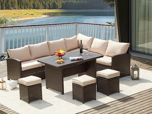 AECOJOY Patio Furniture Set, 7 Pieces Outdoor Patio Furniture with Dining Table&Chair, All Weather Wicker Conversation Set with Ottoman,Khaki