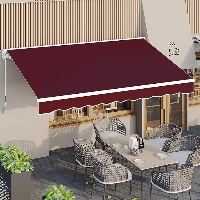 AECOJOY 13'×8' Manual Retractable Awning Sun Shade Patio Awning Cover Outdoor Patio Canopy Sunsetter Deck Awnings with Manual Crank Handle, Wine Red