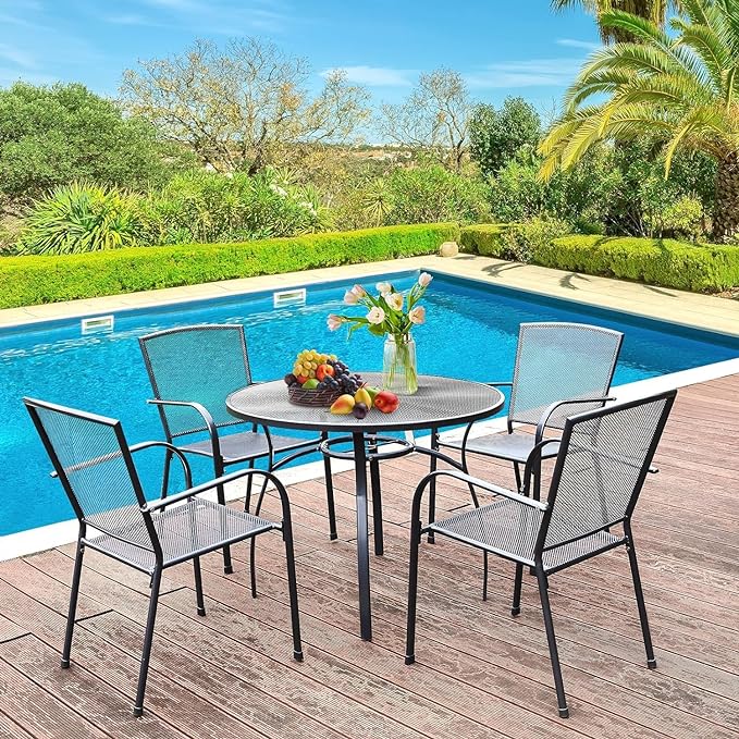 AECOJOY Metal Patio Table and Chairs Set for 4, Outdoor Dining Sets Patio Dining Table Furniture Set Round Outside Table and Chairs for Garden Backyard with 1.73" Umbrella Hole