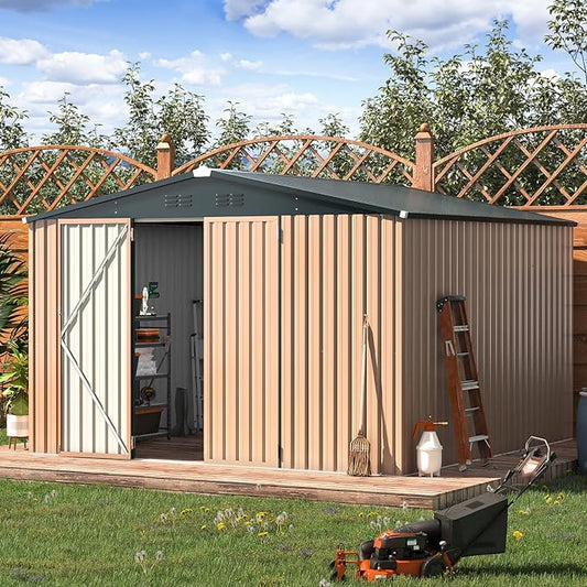 AECOJOY 10'x10' Shed, Large Metal Storage Sheds & Outdoor Clearance, Steel Backyard Shed with Lockable Doors, Utility and Tool Storage for Garden, Patio, Outside Use