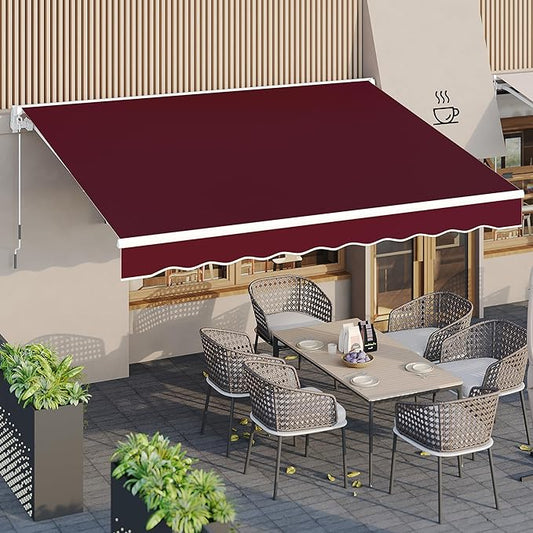 AECOJOY 13'×10' Manual Retractable Awning Sun Shade Patio Awning Cover Outdoor Patio Canopy Sunsetter Deck Awnings with Manual Crank Handle, Wine Red