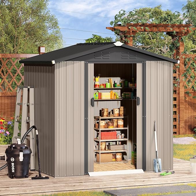 AECOJOY 6 x 4 Ft Shed, Small Outdoor Storage Tool Shed (Sliding Door), Metal Garden Shed for Yard, Outdoor Storage Clearance in Grey