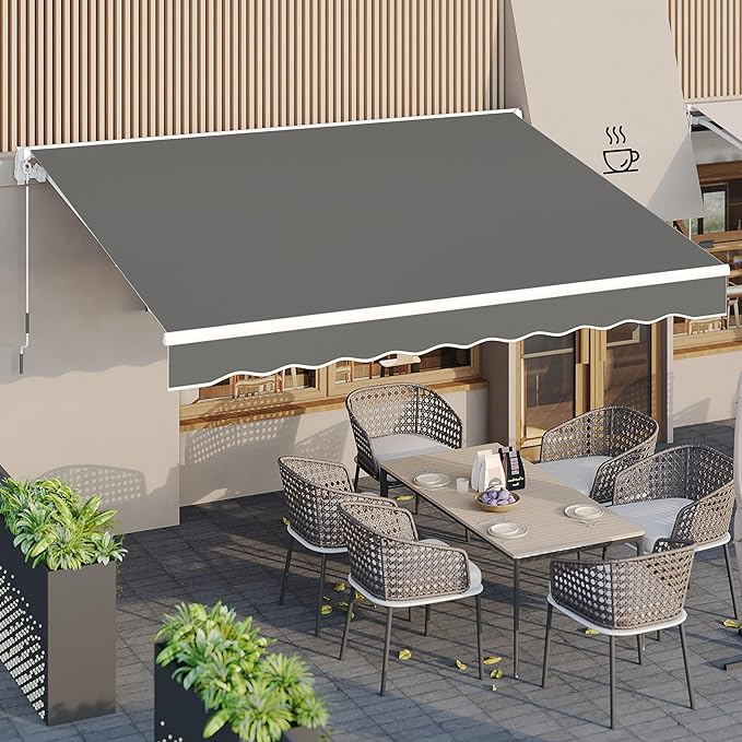 AECOJOY 13'×10' Manual Retractable Awning Sun Shade Patio Awning Cover Outdoor Patio Canopy Sunsetter Deck Awnings with Manual Crank Handle, Grey