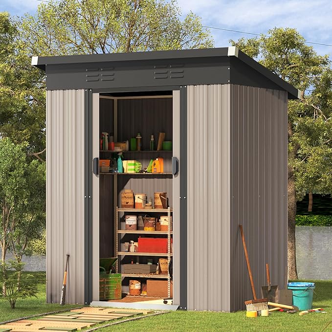 AECOJOY 5 x 3 Ft Shed, Small Outdoor Storage Tool Shed (Sliding Door), Metal Garden Shed for Yard, Outdoor Storage Clearance in Grey