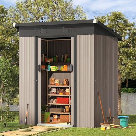 AECOJOY 5 x 3 Ft Shed, Small Outdoor Storage Tool Shed (Sliding Door), Metal Garden Shed for Yard, Outdoor Storage Clearance in Grey