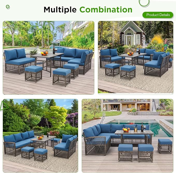 AECOJOY Patio Furniture Set, Outdoor Patio Furniture with Dining Table&Chair, 7 Pieces All Weather Wicker Conversation Set with Ottoman,Navy