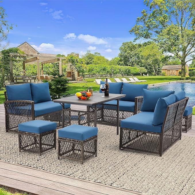 AECOJOY Patio Furniture Set, Outdoor Patio Furniture with Dining Table&Chair, 7 Pieces All Weather Wicker Conversation Set with Ottoman,Navy