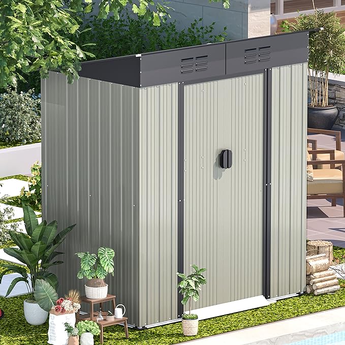 AECOJOY 5 x 3 Ft Shed, Small Outdoor Storage Tool Shed (Sliding Door), Metal Garden Shed for Yard, Outdoor Storage Clearance in Grey